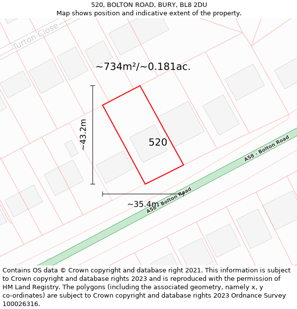 520, BOLTON ROAD, BURY, BL8 2DU: Plot and title map