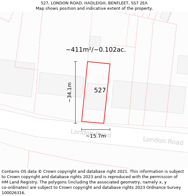 527, LONDON ROAD, HADLEIGH, BENFLEET, SS7 2EA: Plot and title map