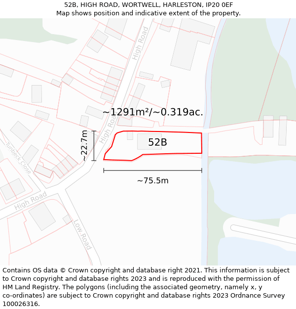 52B, HIGH ROAD, WORTWELL, HARLESTON, IP20 0EF: Plot and title map