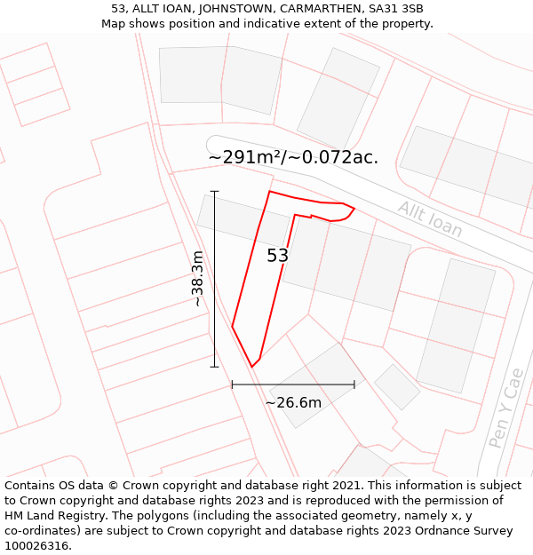 53, ALLT IOAN, JOHNSTOWN, CARMARTHEN, SA31 3SB: Plot and title map