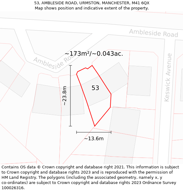 53, AMBLESIDE ROAD, URMSTON, MANCHESTER, M41 6QX: Plot and title map