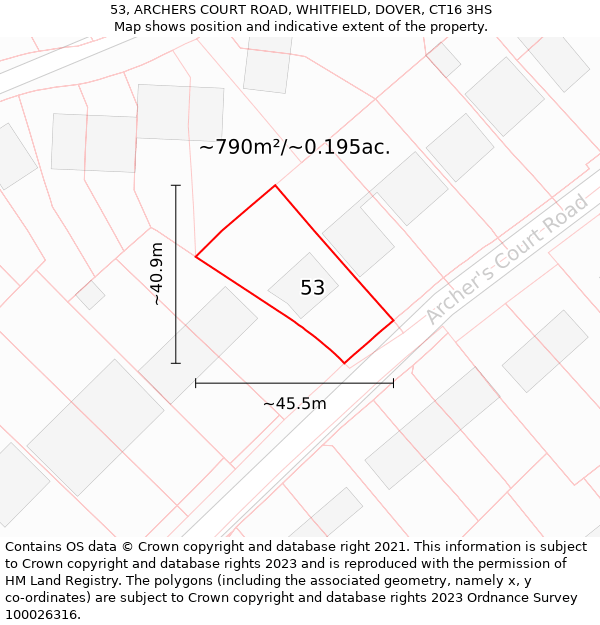 53, ARCHERS COURT ROAD, WHITFIELD, DOVER, CT16 3HS: Plot and title map