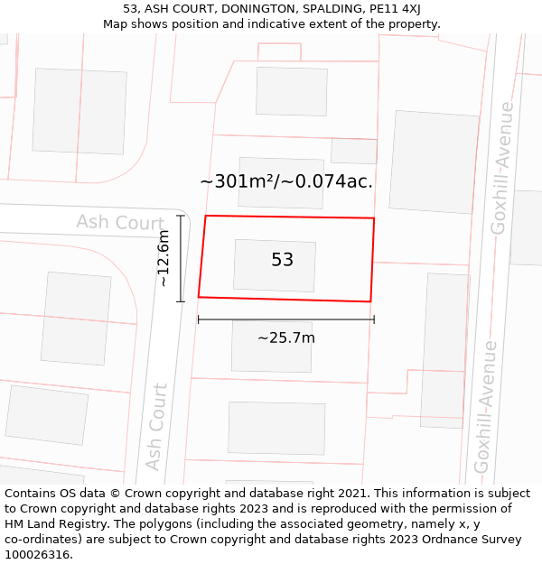 53, ASH COURT, DONINGTON, SPALDING, PE11 4XJ: Plot and title map