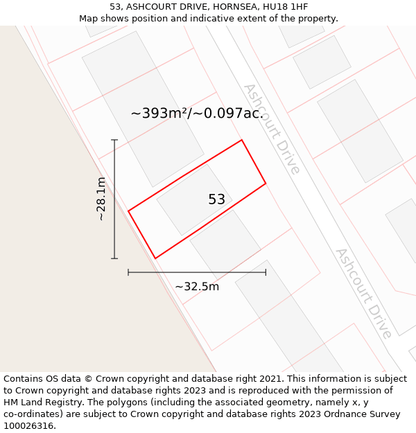 53, ASHCOURT DRIVE, HORNSEA, HU18 1HF: Plot and title map