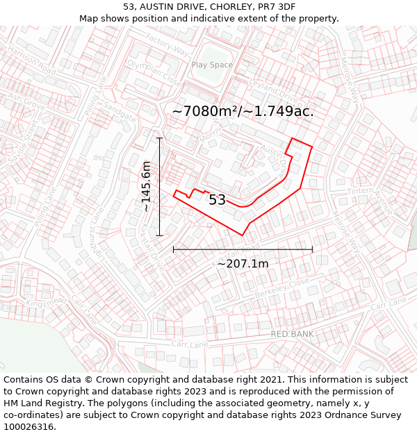 53, AUSTIN DRIVE, CHORLEY, PR7 3DF: Plot and title map