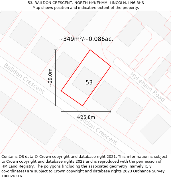 53, BAILDON CRESCENT, NORTH HYKEHAM, LINCOLN, LN6 8HS: Plot and title map