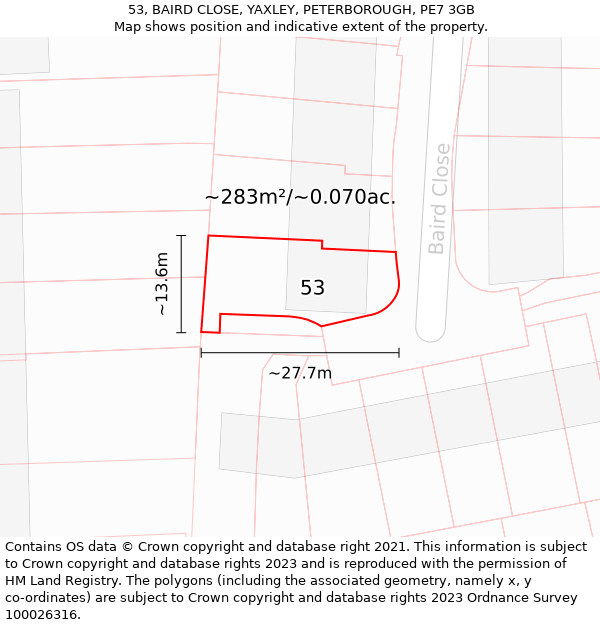 53, BAIRD CLOSE, YAXLEY, PETERBOROUGH, PE7 3GB: Plot and title map