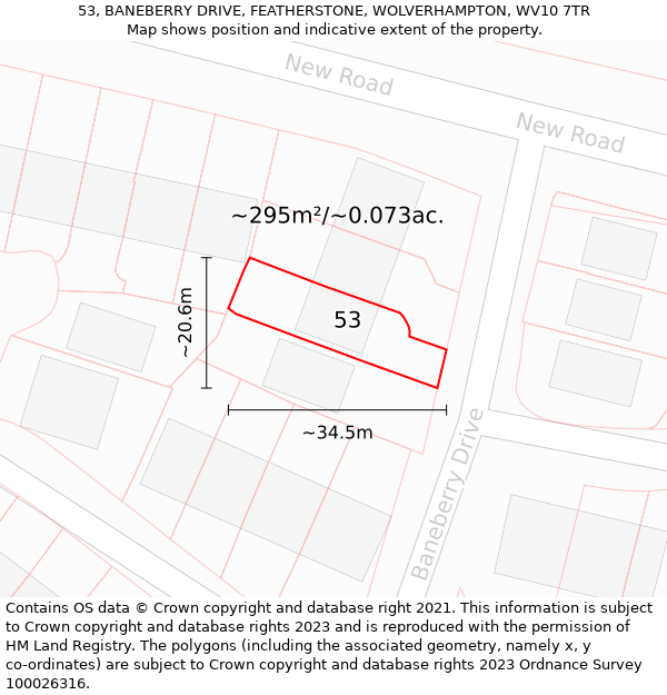 53, BANEBERRY DRIVE, FEATHERSTONE, WOLVERHAMPTON, WV10 7TR: Plot and title map