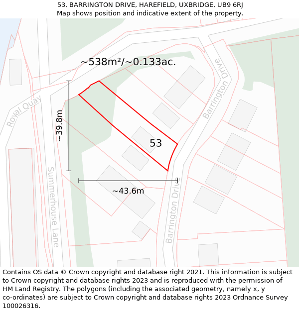 53, BARRINGTON DRIVE, HAREFIELD, UXBRIDGE, UB9 6RJ: Plot and title map