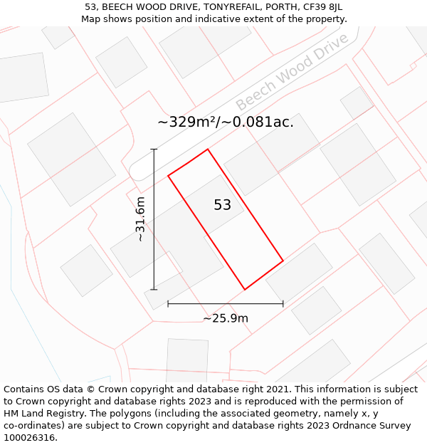 53, BEECH WOOD DRIVE, TONYREFAIL, PORTH, CF39 8JL: Plot and title map
