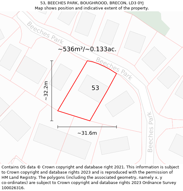 53, BEECHES PARK, BOUGHROOD, BRECON, LD3 0YJ: Plot and title map