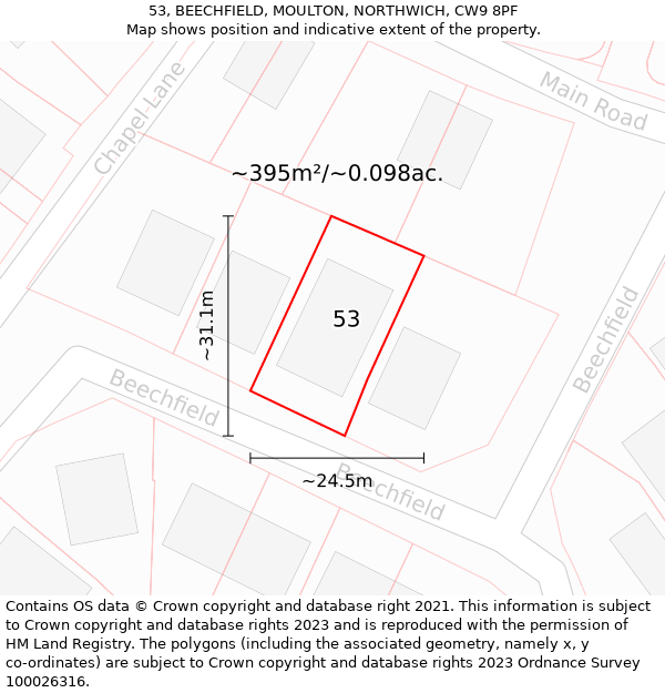 53, BEECHFIELD, MOULTON, NORTHWICH, CW9 8PF: Plot and title map