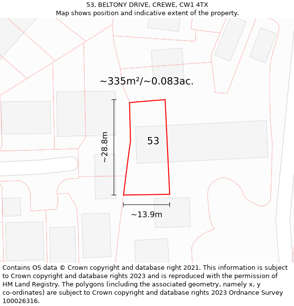 53, BELTONY DRIVE, CREWE, CW1 4TX: Plot and title map