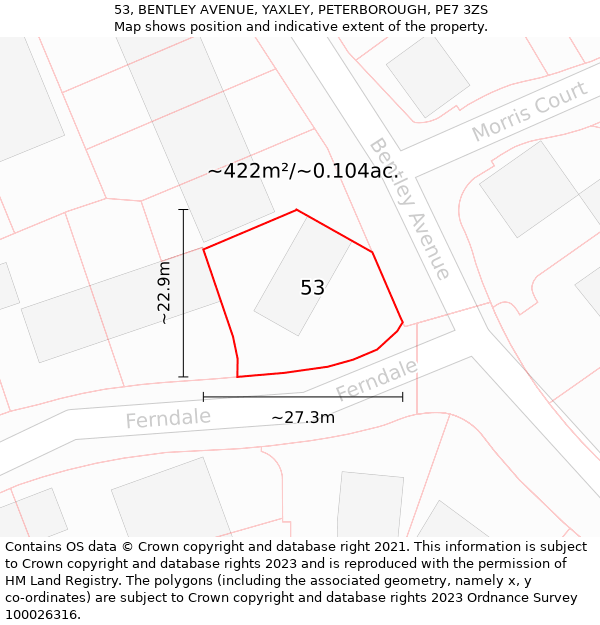 53, BENTLEY AVENUE, YAXLEY, PETERBOROUGH, PE7 3ZS: Plot and title map