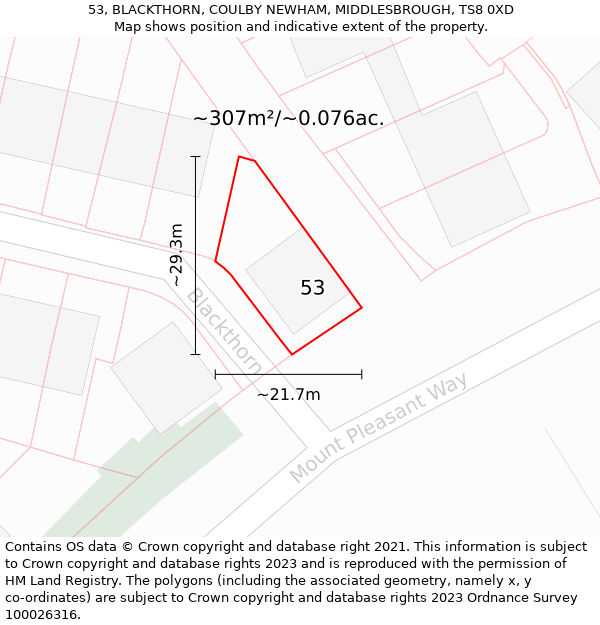 53, BLACKTHORN, COULBY NEWHAM, MIDDLESBROUGH, TS8 0XD: Plot and title map