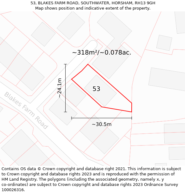 53, BLAKES FARM ROAD, SOUTHWATER, HORSHAM, RH13 9GH: Plot and title map