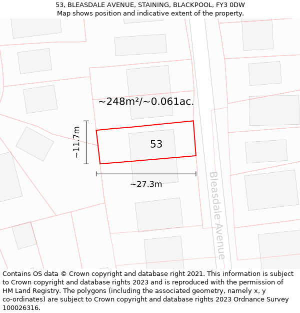 53, BLEASDALE AVENUE, STAINING, BLACKPOOL, FY3 0DW: Plot and title map