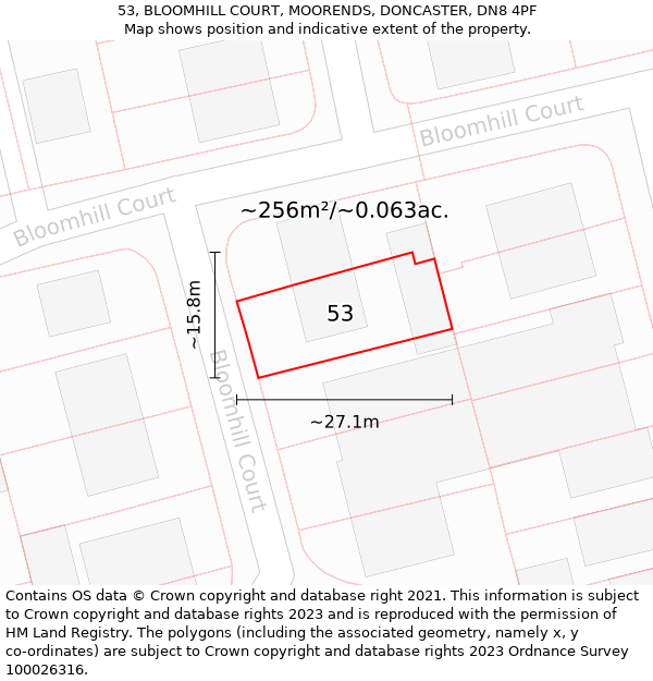 53, BLOOMHILL COURT, MOORENDS, DONCASTER, DN8 4PF: Plot and title map