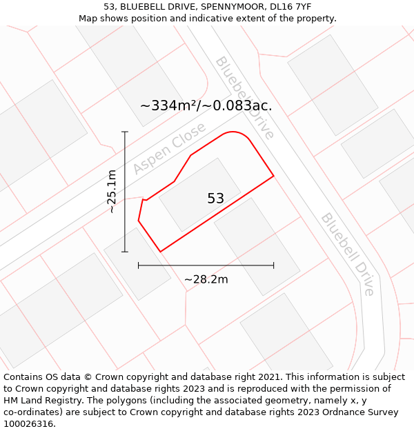 53, BLUEBELL DRIVE, SPENNYMOOR, DL16 7YF: Plot and title map