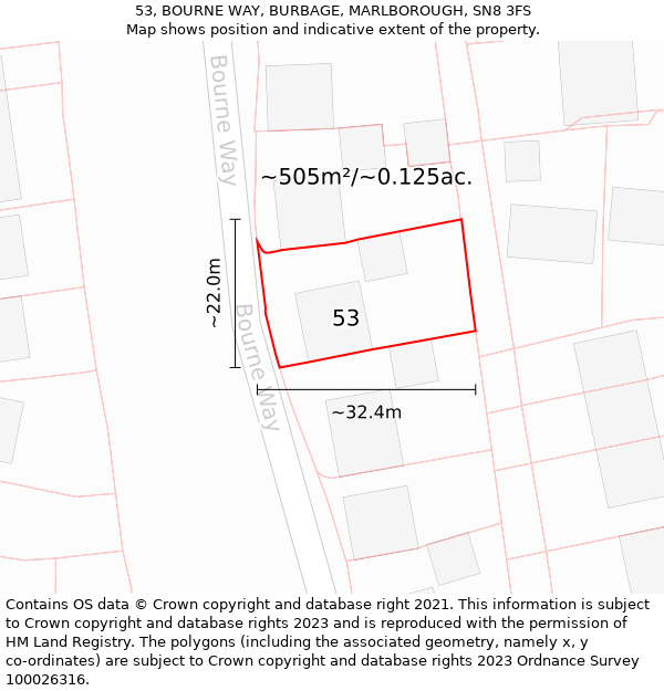 53, BOURNE WAY, BURBAGE, MARLBOROUGH, SN8 3FS: Plot and title map