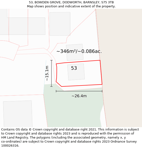 53, BOWDEN GROVE, DODWORTH, BARNSLEY, S75 3TB: Plot and title map