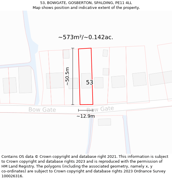 53, BOWGATE, GOSBERTON, SPALDING, PE11 4LL: Plot and title map