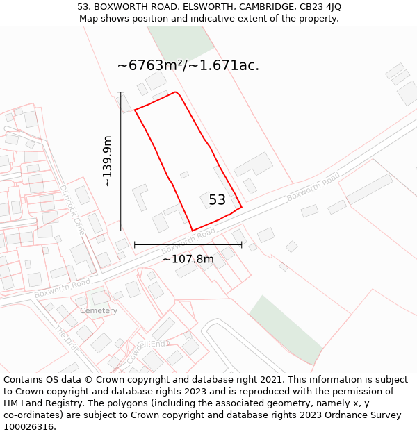 53, BOXWORTH ROAD, ELSWORTH, CAMBRIDGE, CB23 4JQ: Plot and title map