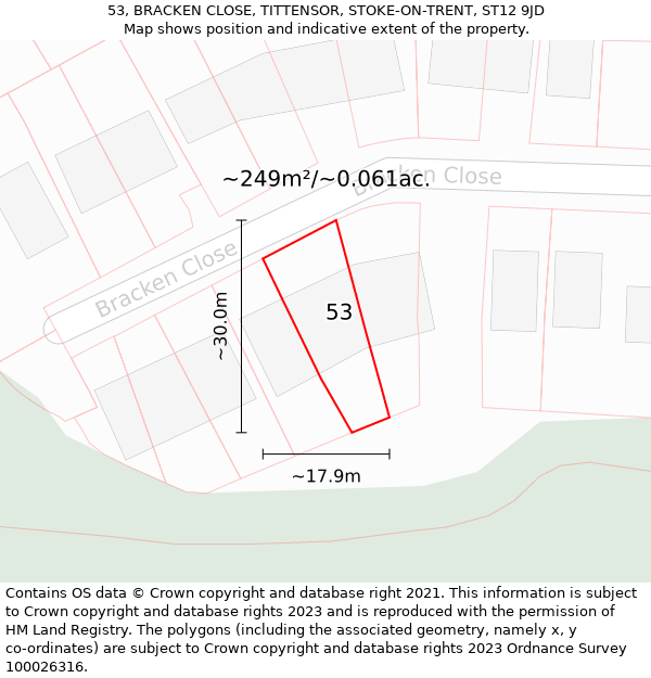 53, BRACKEN CLOSE, TITTENSOR, STOKE-ON-TRENT, ST12 9JD: Plot and title map