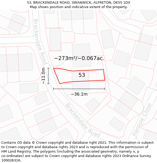 53, BRACKENDALE ROAD, SWANWICK, ALFRETON, DE55 1DX: Plot and title map