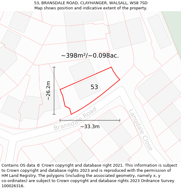 53, BRANSDALE ROAD, CLAYHANGER, WALSALL, WS8 7SD: Plot and title map