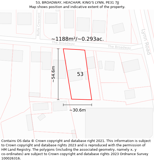 53, BROADWAY, HEACHAM, KING'S LYNN, PE31 7JJ: Plot and title map