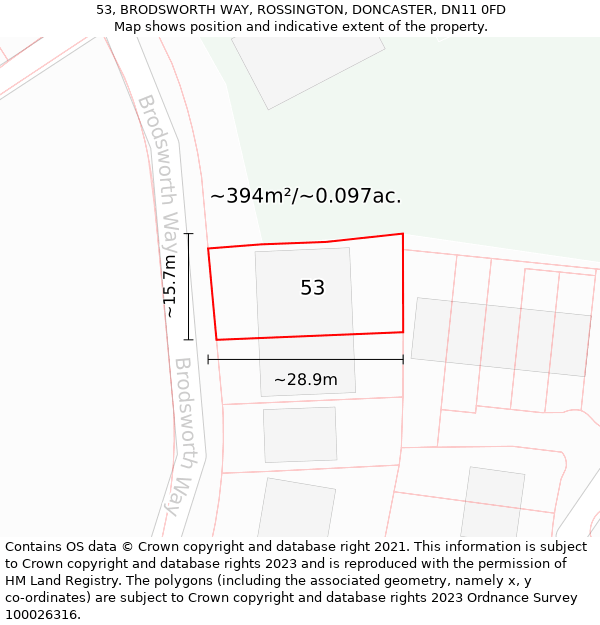 53, BRODSWORTH WAY, ROSSINGTON, DONCASTER, DN11 0FD: Plot and title map