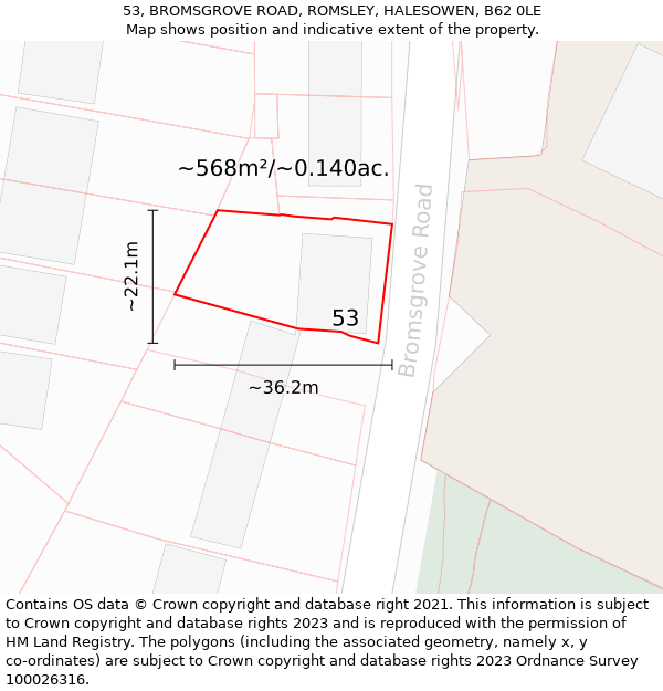 53, BROMSGROVE ROAD, ROMSLEY, HALESOWEN, B62 0LE: Plot and title map