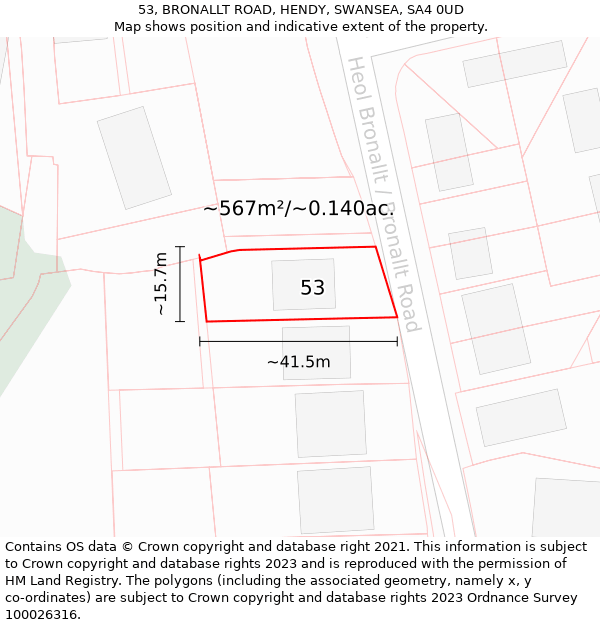 53, BRONALLT ROAD, HENDY, SWANSEA, SA4 0UD: Plot and title map