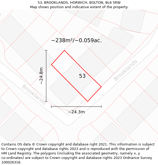 53, BROOKLANDS, HORWICH, BOLTON, BL6 5RW: Plot and title map