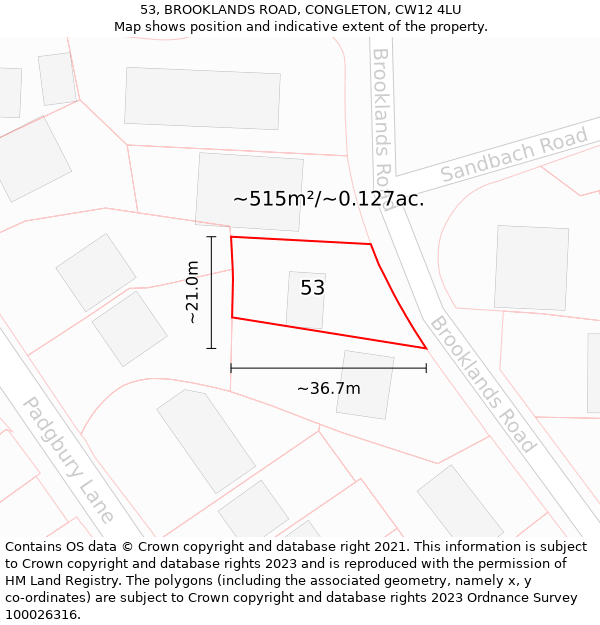 53, BROOKLANDS ROAD, CONGLETON, CW12 4LU: Plot and title map