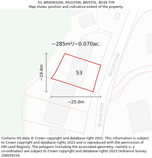 53, BROOKSIDE, PAULTON, BRISTOL, BS39 7YR: Plot and title map