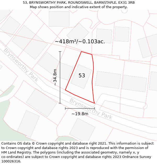 53, BRYNSWORTHY PARK, ROUNDSWELL, BARNSTAPLE, EX31 3RB: Plot and title map