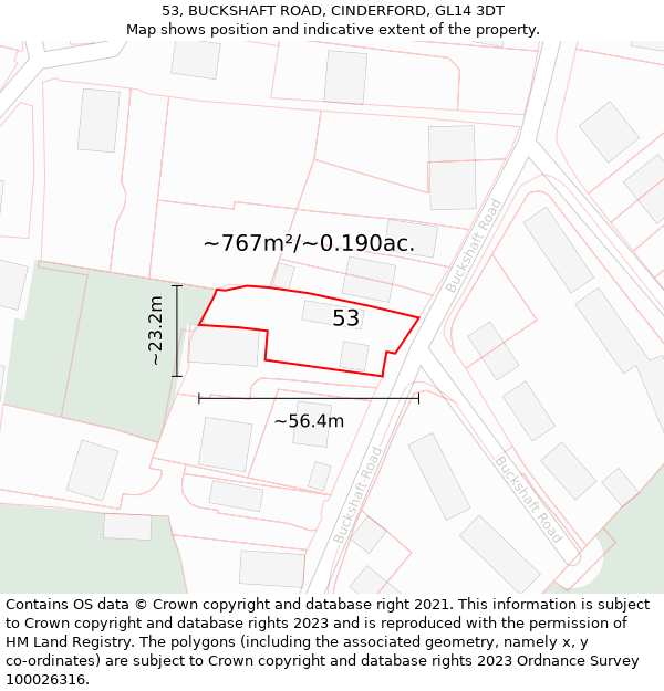 53, BUCKSHAFT ROAD, CINDERFORD, GL14 3DT: Plot and title map