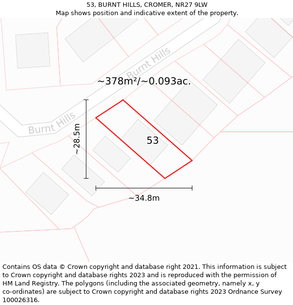 53, BURNT HILLS, CROMER, NR27 9LW: Plot and title map