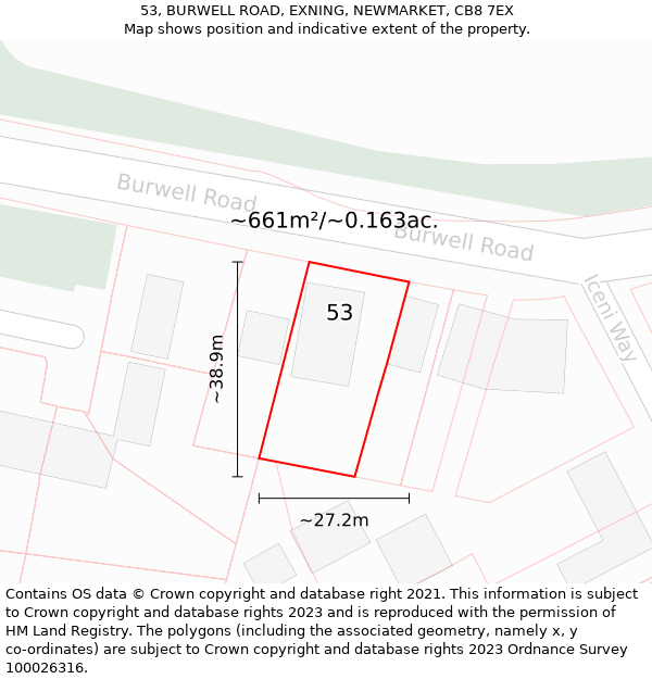 53, BURWELL ROAD, EXNING, NEWMARKET, CB8 7EX: Plot and title map