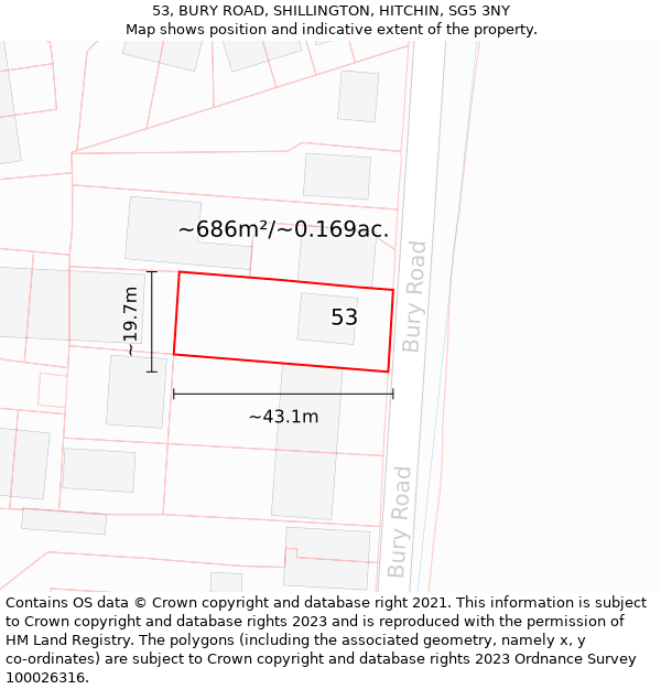 53, BURY ROAD, SHILLINGTON, HITCHIN, SG5 3NY: Plot and title map