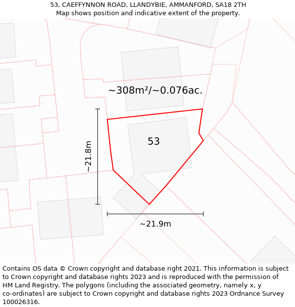 53, CAEFFYNNON ROAD, LLANDYBIE, AMMANFORD, SA18 2TH: Plot and title map