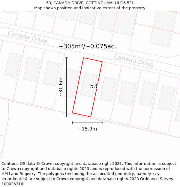 53, CANADA DRIVE, COTTINGHAM, HU16 5EH: Plot and title map