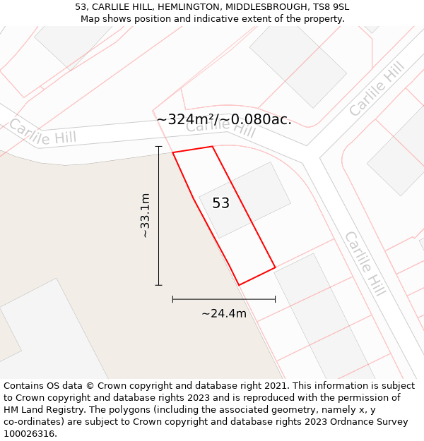 53, CARLILE HILL, HEMLINGTON, MIDDLESBROUGH, TS8 9SL: Plot and title map