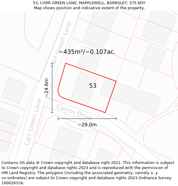 53, CARR GREEN LANE, MAPPLEWELL, BARNSLEY, S75 6DY: Plot and title map