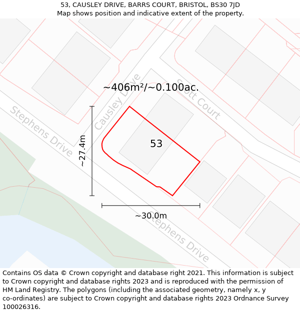 53, CAUSLEY DRIVE, BARRS COURT, BRISTOL, BS30 7JD: Plot and title map
