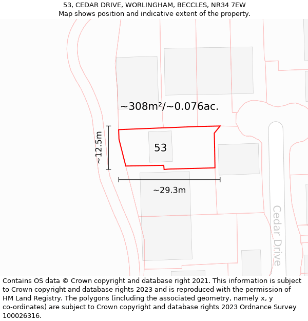 53, CEDAR DRIVE, WORLINGHAM, BECCLES, NR34 7EW: Plot and title map