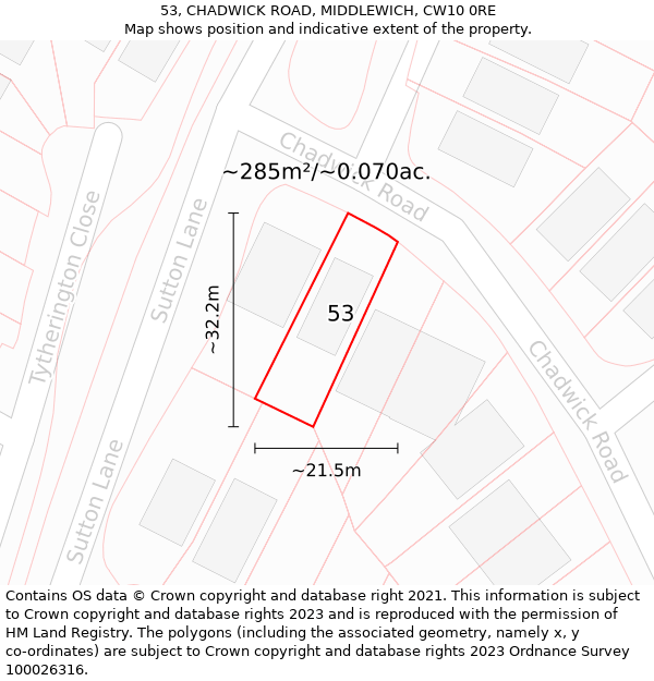 53, CHADWICK ROAD, MIDDLEWICH, CW10 0RE: Plot and title map