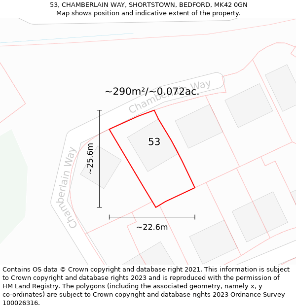 53, CHAMBERLAIN WAY, SHORTSTOWN, BEDFORD, MK42 0GN: Plot and title map